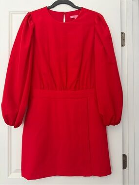 Bright Red Long-Sleeve Puff-Sleeve Waist-Defined Shift Dress